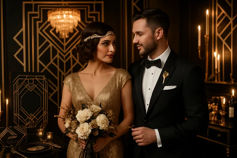 Laat je bruiloft stralen in art deco glamour met goud, zwart en geometrische accenten