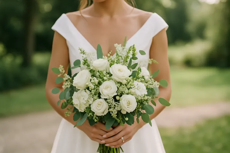 Natuurlijke elegantie op je bruiloft met een wit-groen bruidsboeket vol tijdloze romantiek